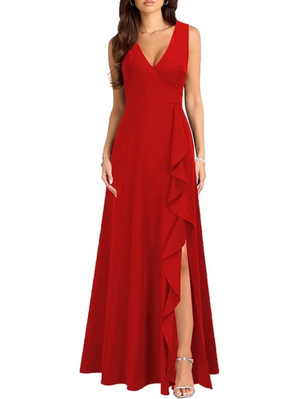 Women's Red V Neck Sexy Split Cocktail With Pockets Ruffle Party Long Dresses